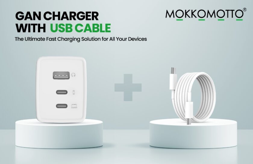 GAN charger with USB-C cable displayed on pedestals against a soft gradient backdrop; Mokkomotto logo in top-right.