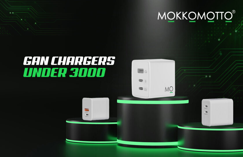 Mokkomotto GaN chargers under ₹3000 – compact, fast-charging adapters displayed on glowing black pedestals with green circuit-themed background