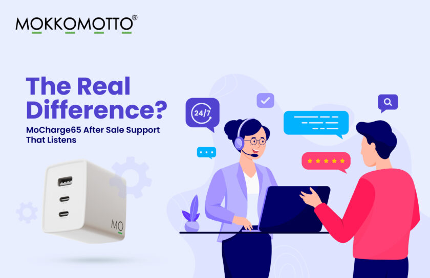 MoCharge65 customer support illustration - female support agent with headset helping male customer, showing 24/7 service and 5-star rating with MOKKOMOTTO branding