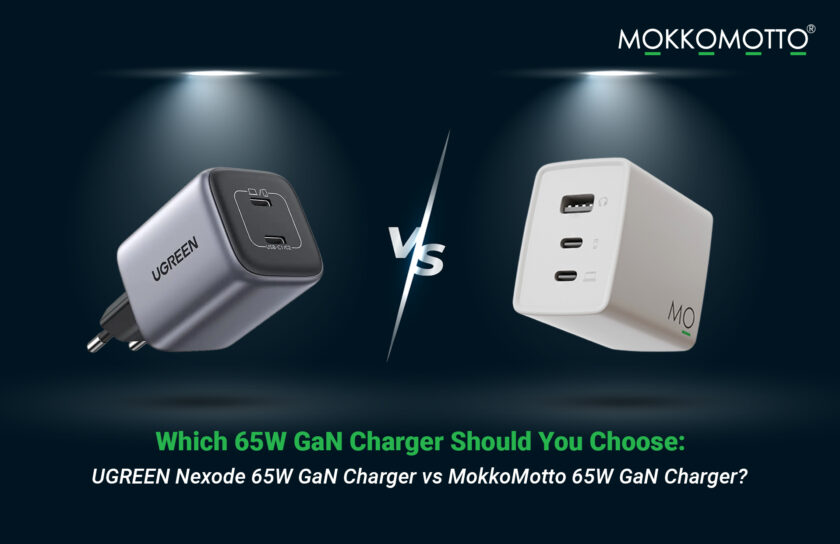 Side-by-side image of UGREEN Nexode and MokkoMotto 65W GaN charger units on a dark background — two USB-C ports and one USB-A visible.