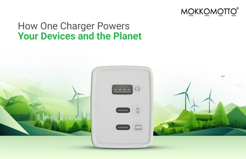 Mokkomotto multi-port charger powering devices with a green landscape and wind turbines in the background.