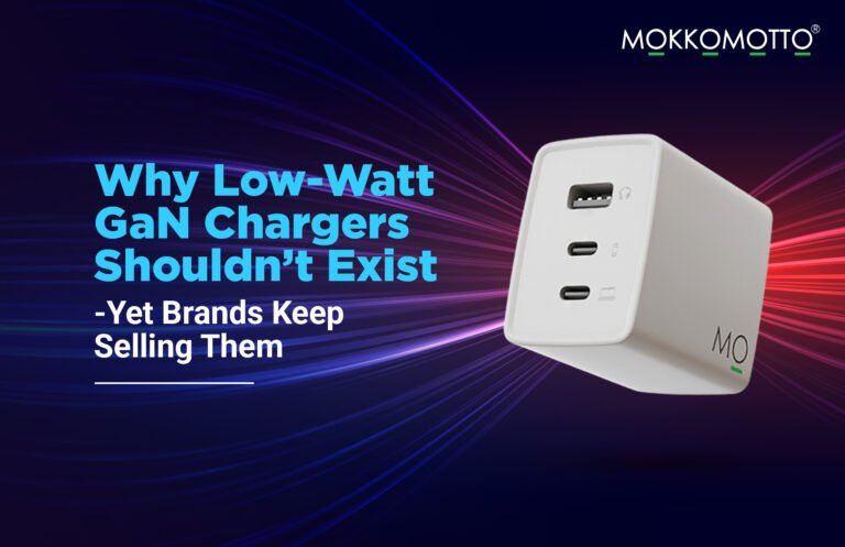 White 3‑port GaN wall charger (2 USB‑C, 1 USB‑A) on neon streak background with headline “Why Low‑Watt GaN Chargers Shouldn’t Exist.”